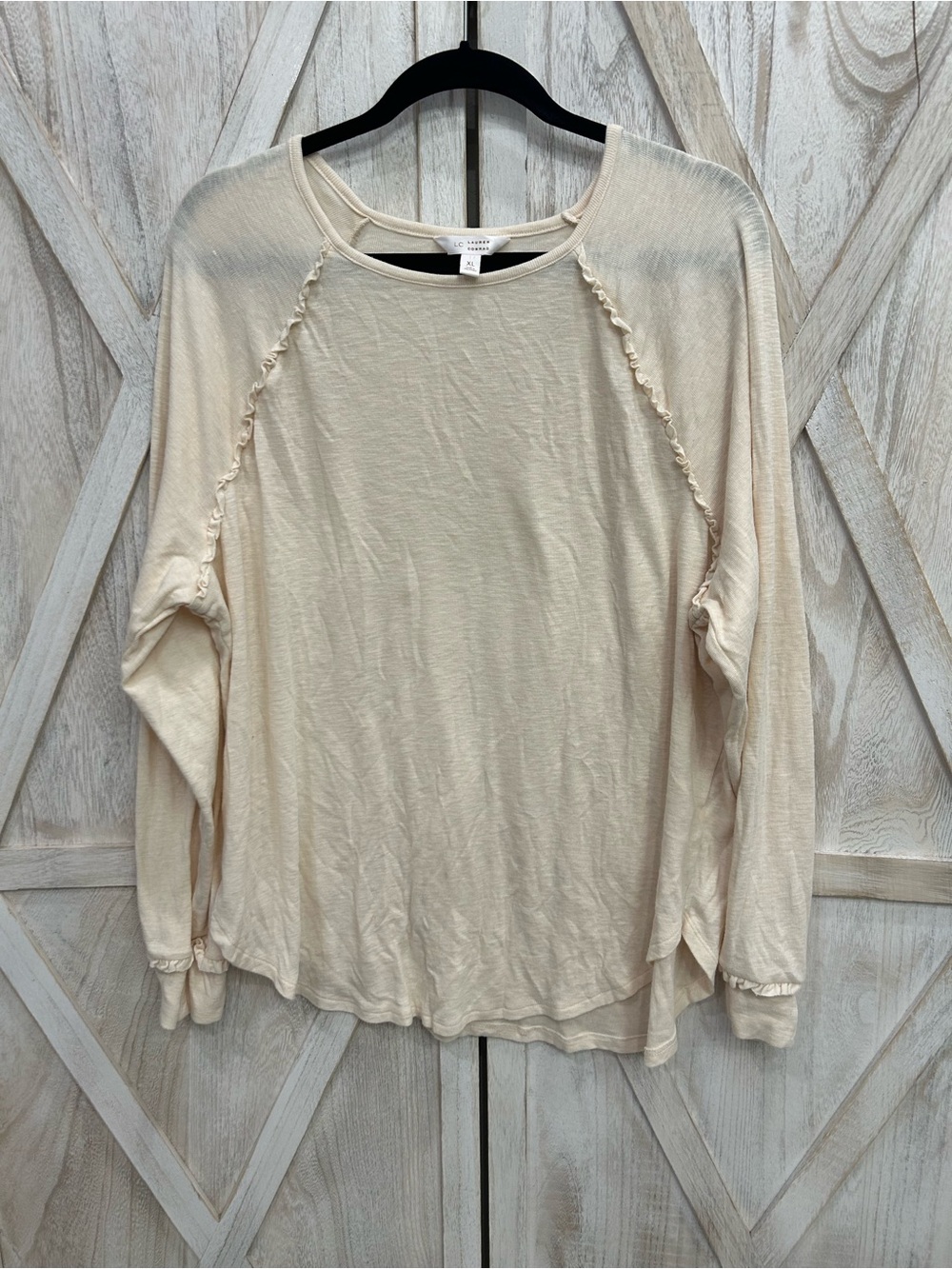 LC Lauren Conrad Cream Long Sleeve Ruffle-Trim Top